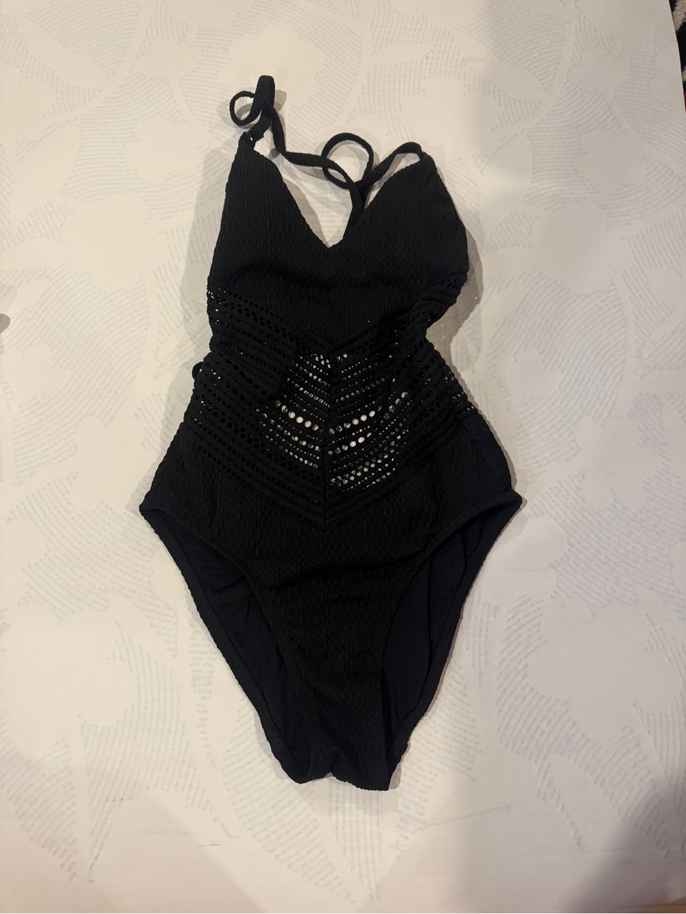 Black One-Piece Swimsuit with Crochet Detail